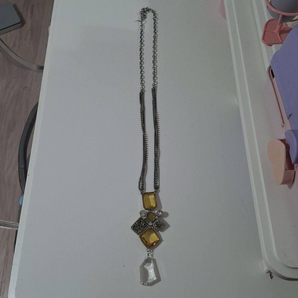 Chicos Yellow Rhinestone Acrylic Y Drop Lariat Pendant Statement Necklace